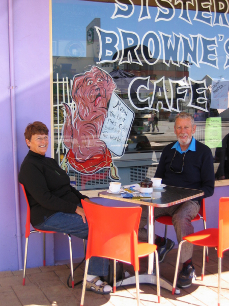 New Zealanders sit outside of Sister Browne's Cafe