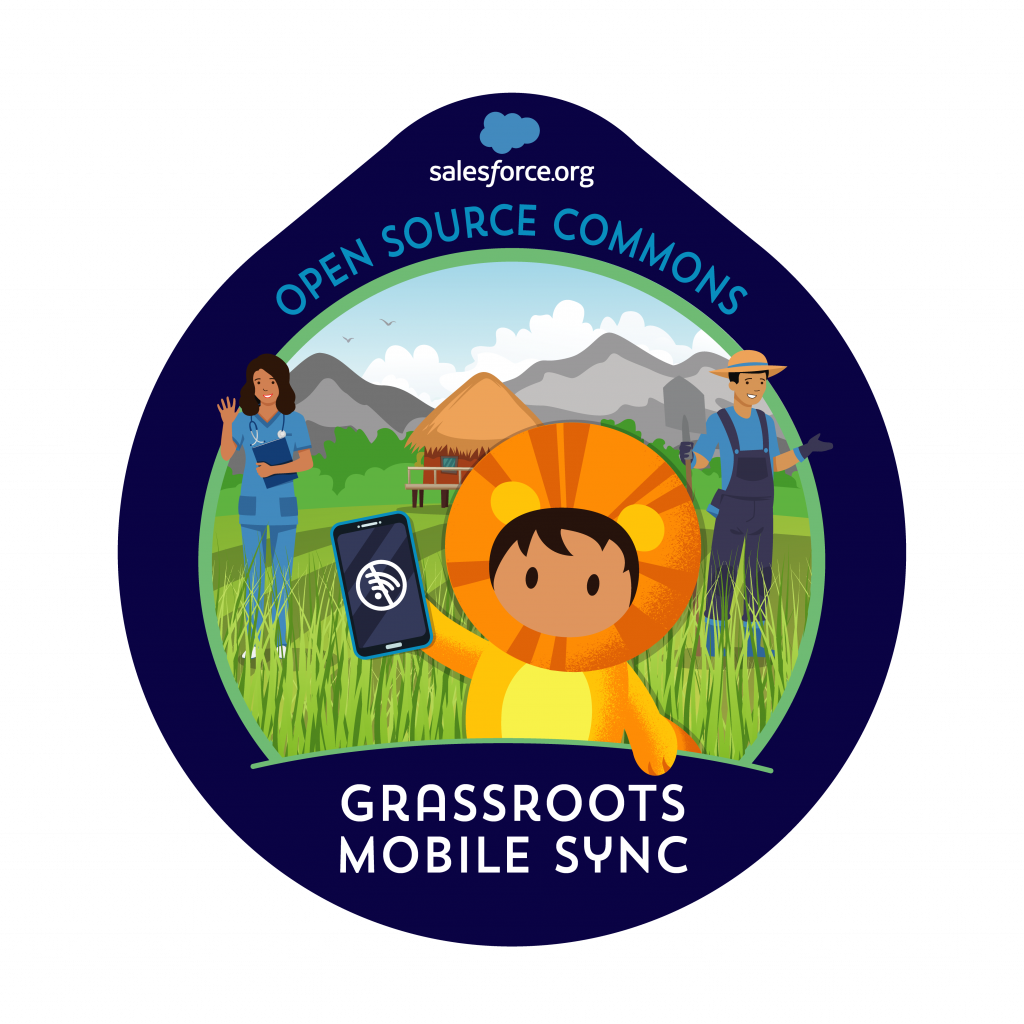 Illustration badge for the Grassroots Mobile Sync App. There is a child in a tiger costume holding a mobile phone with a no wifi symbol on it. Behind the kid is a doctor and a farmer in a rural setting.